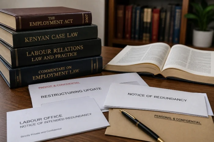 Employment law books and redundancy notice letters illustrating redundancy notice requirements under Kenya's Employment Act.