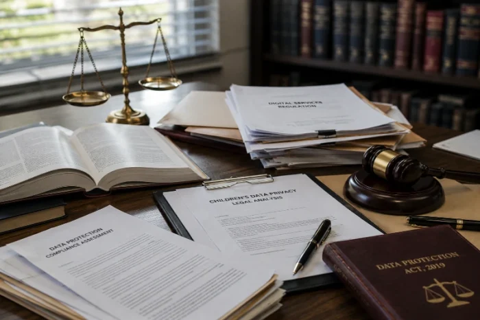 Law books, legal documents and scales of justice illustrating children's data protection, privacy by design and digital platform regulation in Kenya.