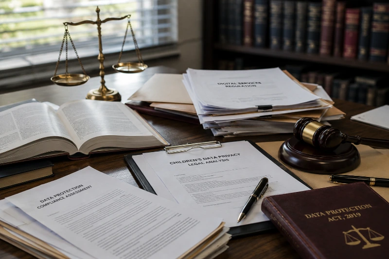 Law books, legal documents and scales of justice illustrating children's data protection, privacy by design and digital platform regulation in Kenya.