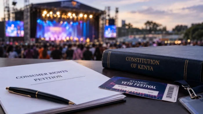 Stanbic Yetu Festival judgment and consumer rights legal update showing concert tickets, court documents and Constitution of Kenya book
