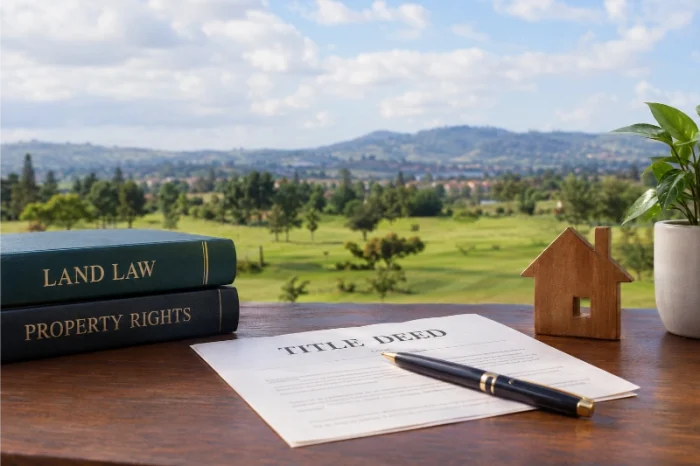 Adverse possession in Kenya: land ownership documents on a desk overlooking rural property.