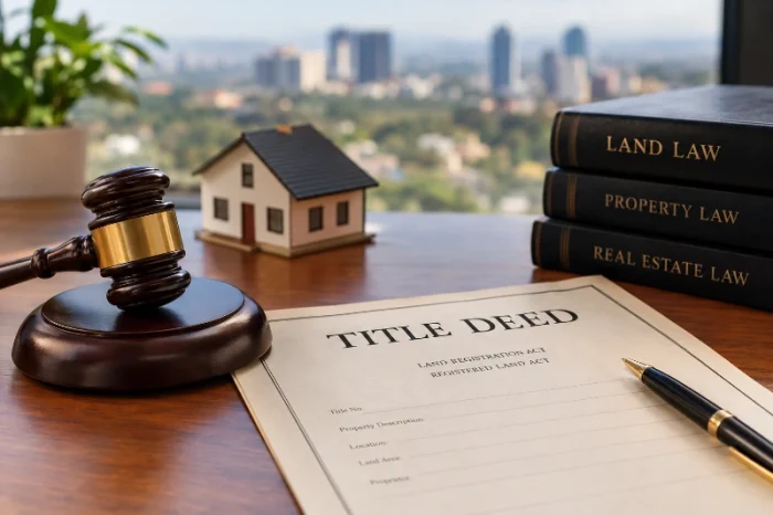 Title deed, legal gavel and property model illustrating Kenya Supreme Court land judgments