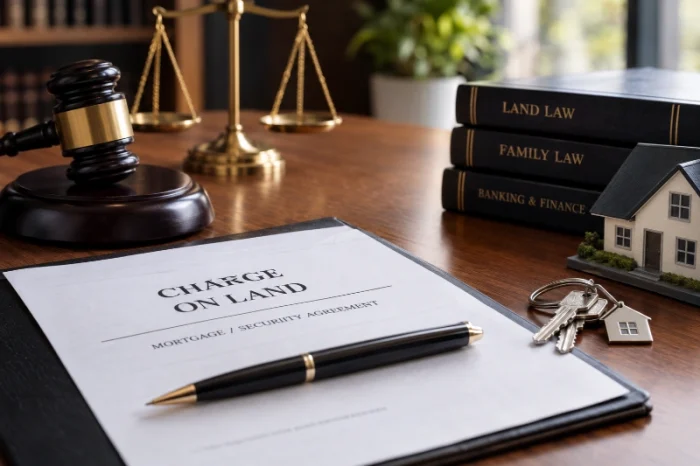 Spousal consent to land charge in Kenya, represented by a property charge document, house keys and scales of justice.